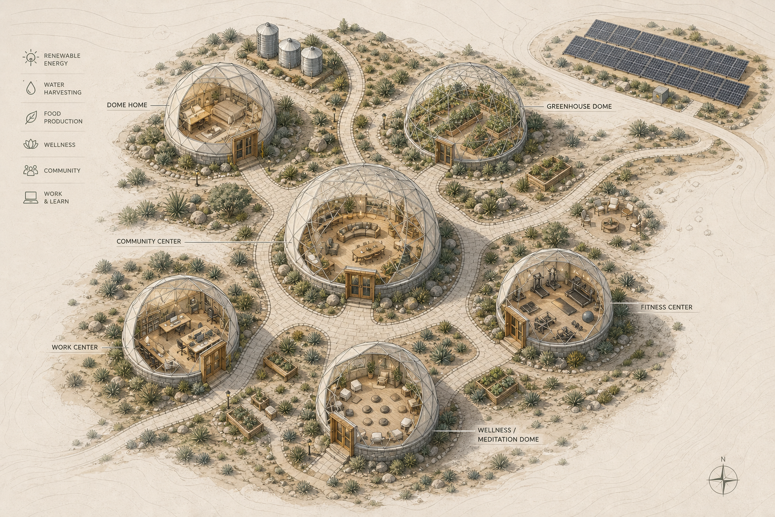 Blueprint-style plan of a Calyx dome community with a central community center, dome home, greenhouse, fitness, work, wellness, and solar areas connected by pathways