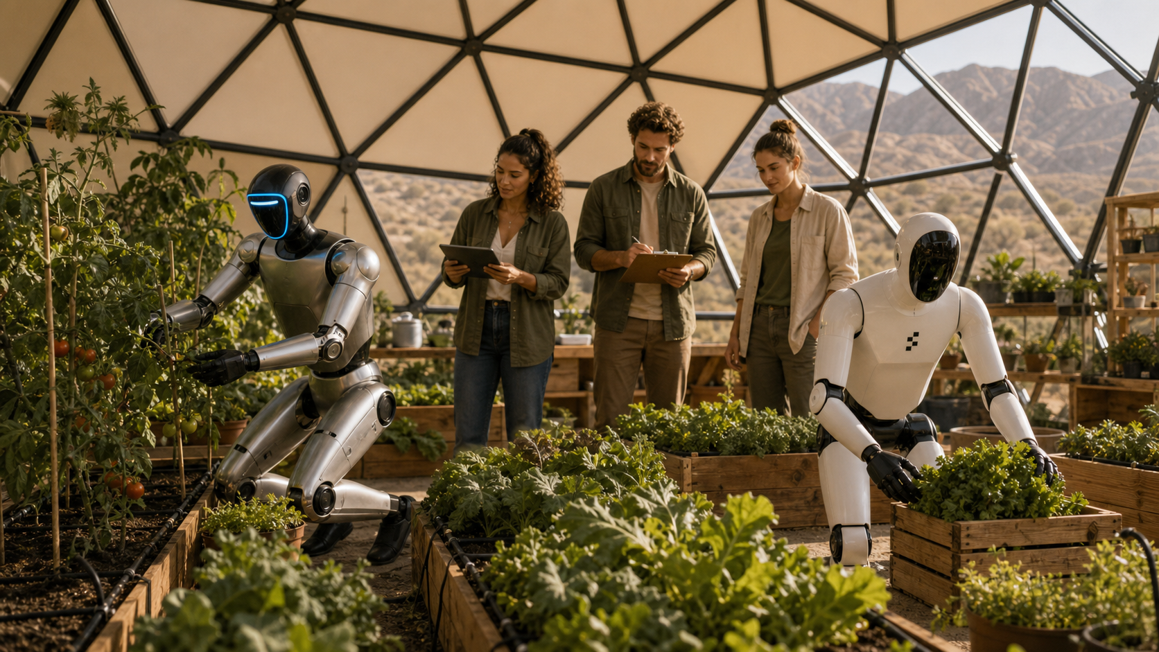 Humans supervising two humanoid robots tending food crops inside a Calyx greenhouse dome